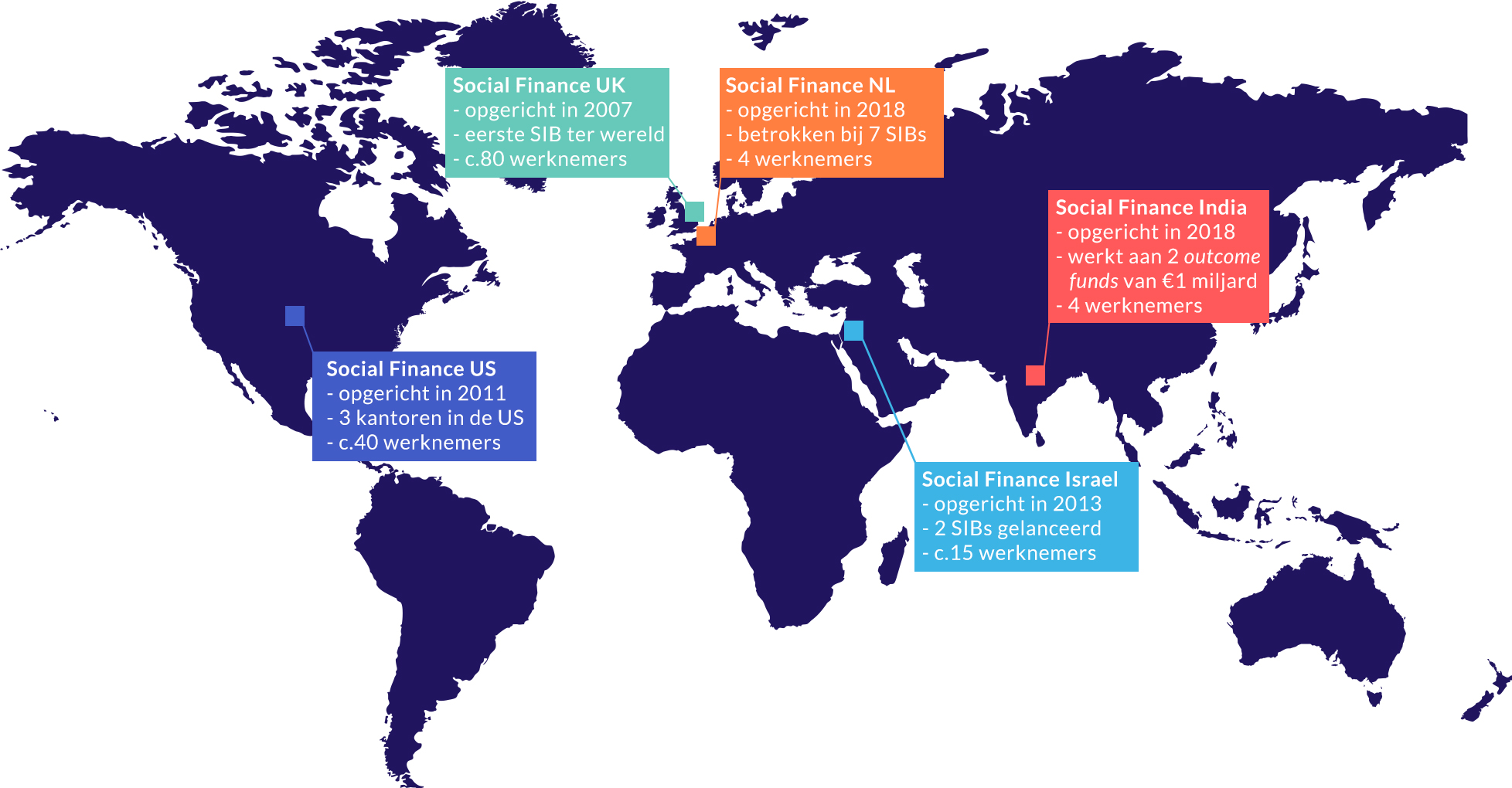 Wereldkaart waarop het Social Finance Global Network staat aangegeven